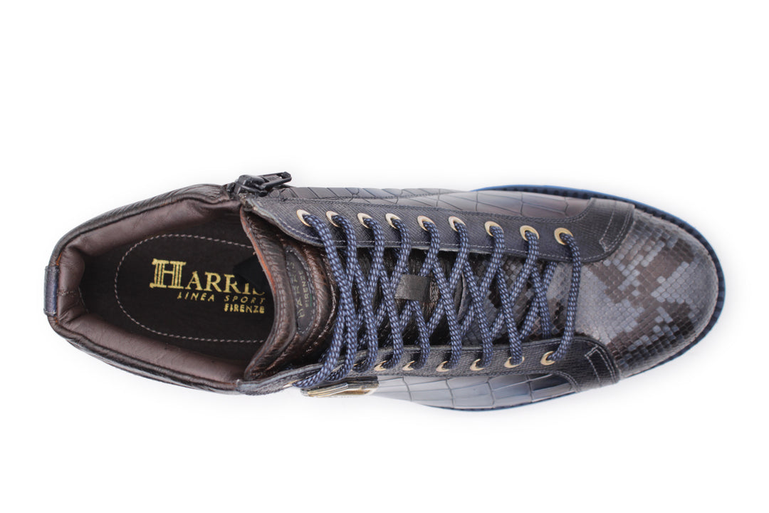 Polacchini in pelle blu effetto coccodrillo e pitone