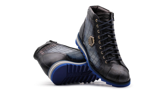 Polacchini in pelle blu effetto coccodrillo e pitone