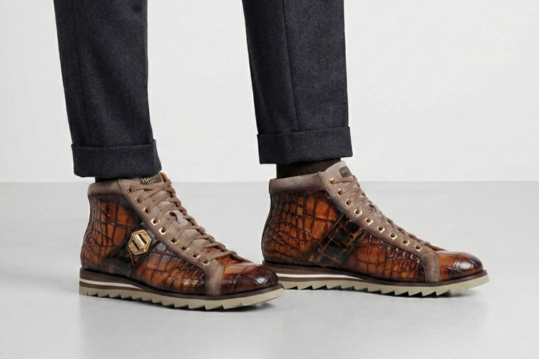 Crocodile effect leather ankle boot