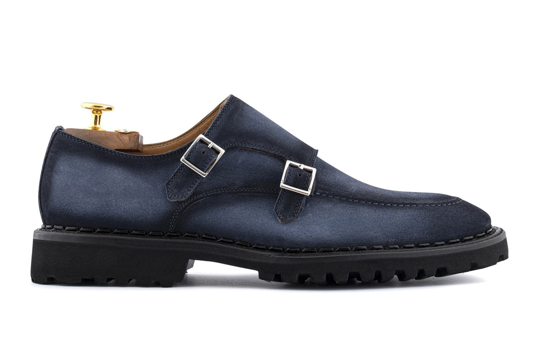 Doppia fibbia in camoscio azzurro