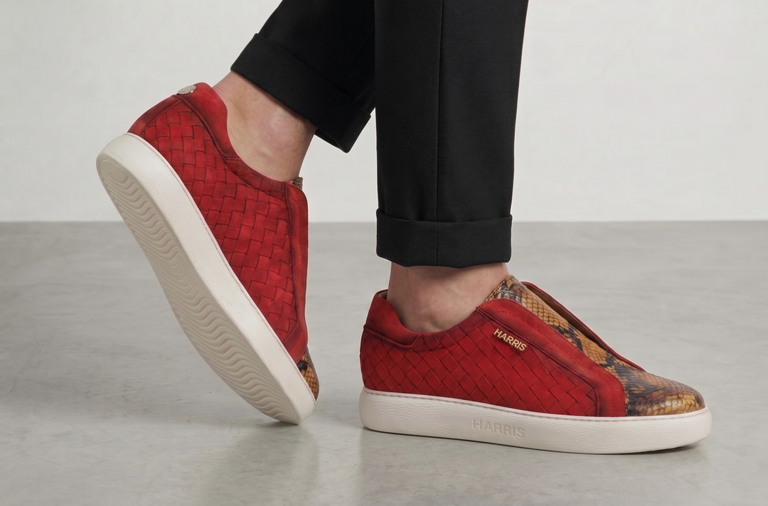 Sneaker slipon in pelle intrecciata e pitone