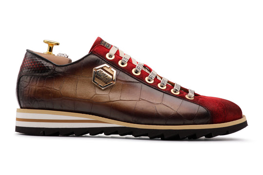 Sneakers con effetto coccodrillo e suede