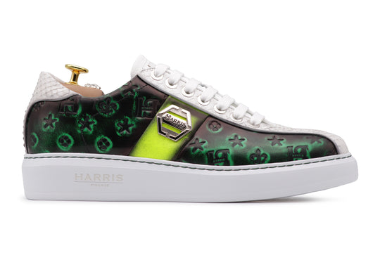Sneakers in spazzolato monogram e pitone Verde