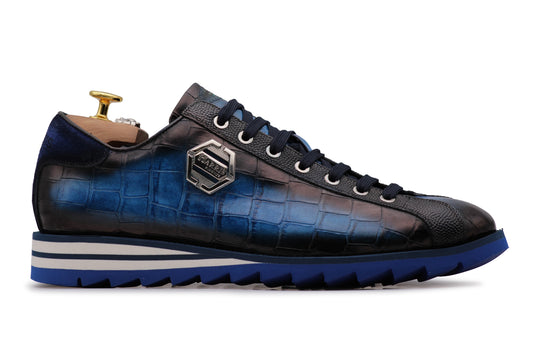 Sneakers in pelle stampata dipinta a mano Azzurra