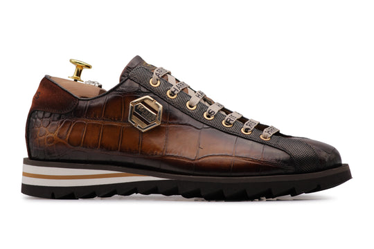 Sneakers in pelle stampata dipinta a mano Marrone