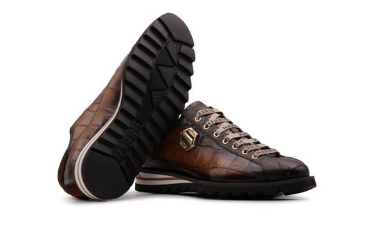 Sneakers in pelle stampata dipinta a mano Marrone
